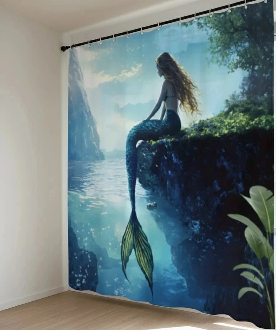 Rideau plastifié, style Monde aquatique, sirène -N°01 Motifs : sirène, mer